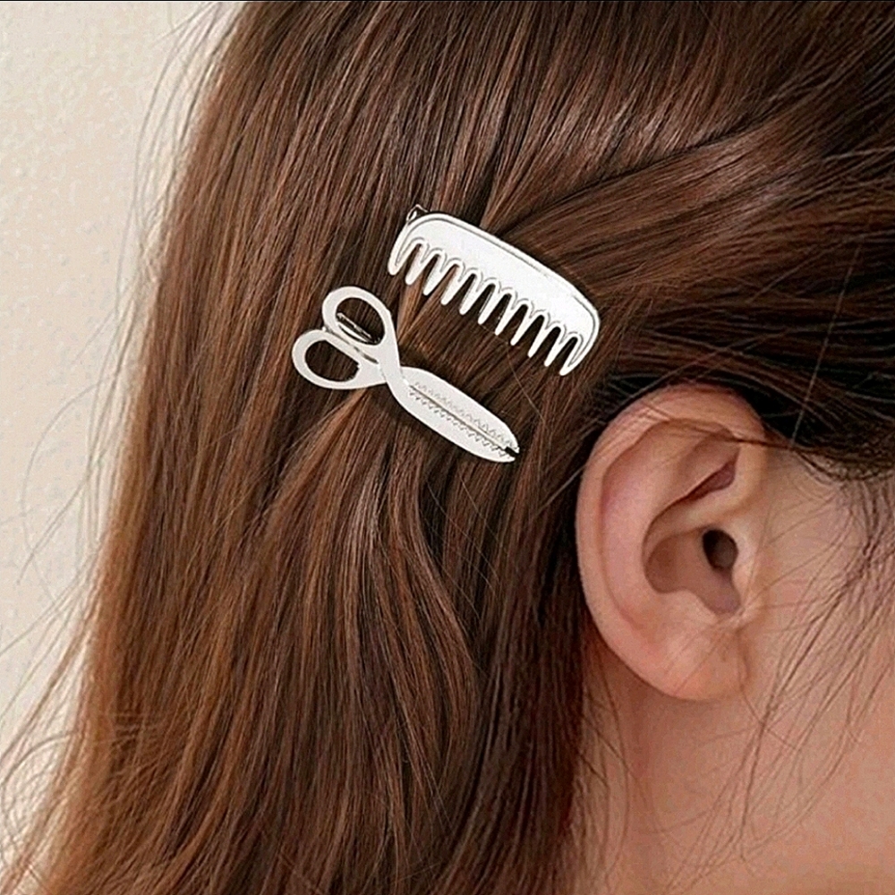 (2)PC SET SILVER HAIR CLIP SCISSORS AND FINE TOOTH COMB DESIGN HAIR CLIPS